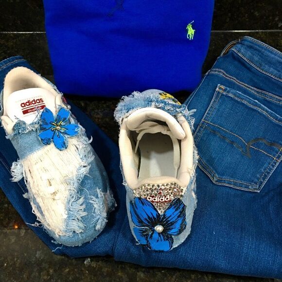 CUSTOM DISTRESSED ADIDAS! Seriously destroyed distressing, crystal bling! - Picture 3 of 9